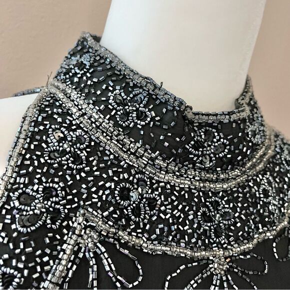 Papell Boutique Evening Beaded Formal Halter Top Black Silver Silk Flowers Large - Picture 2 of 7